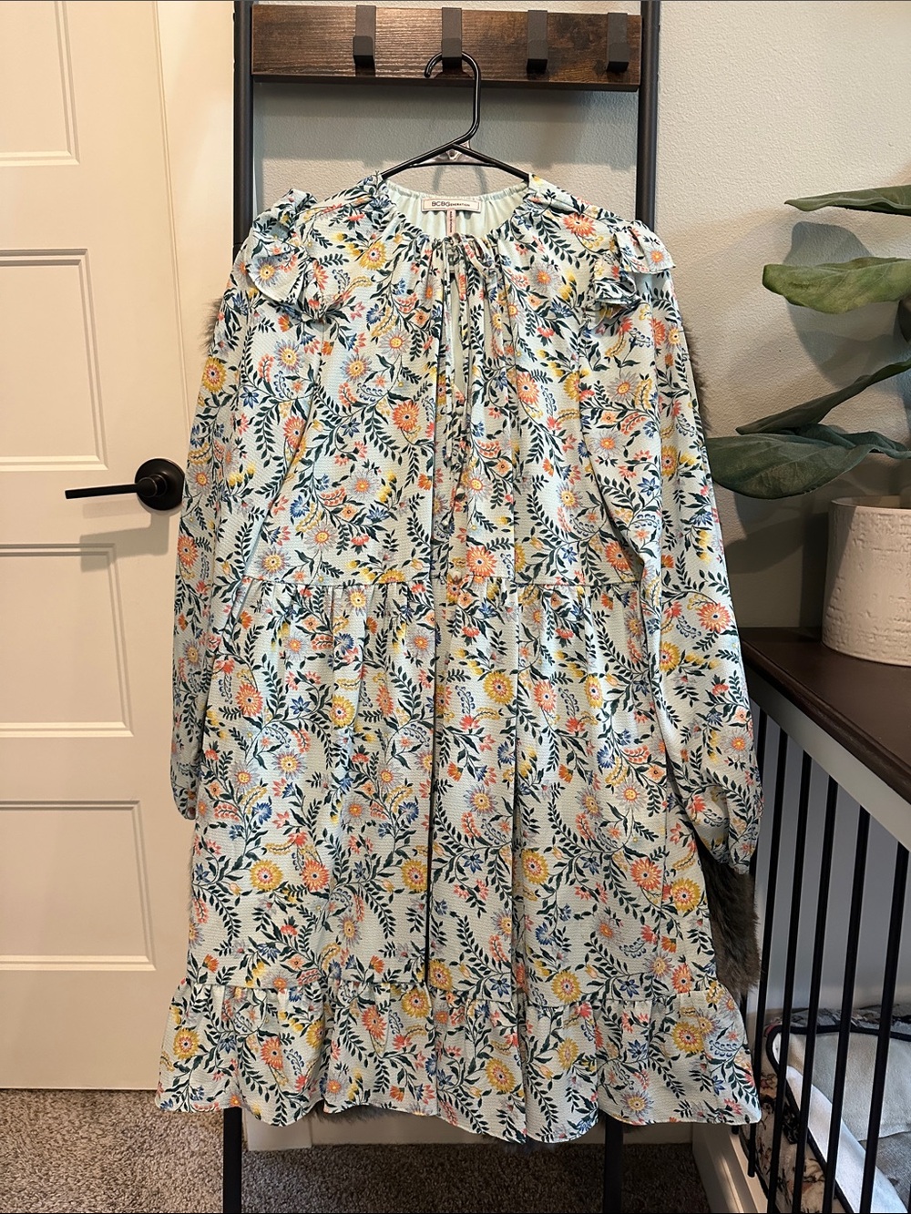 BCBGeneration Light Blue Floral Ruffle Tie-Neck Top